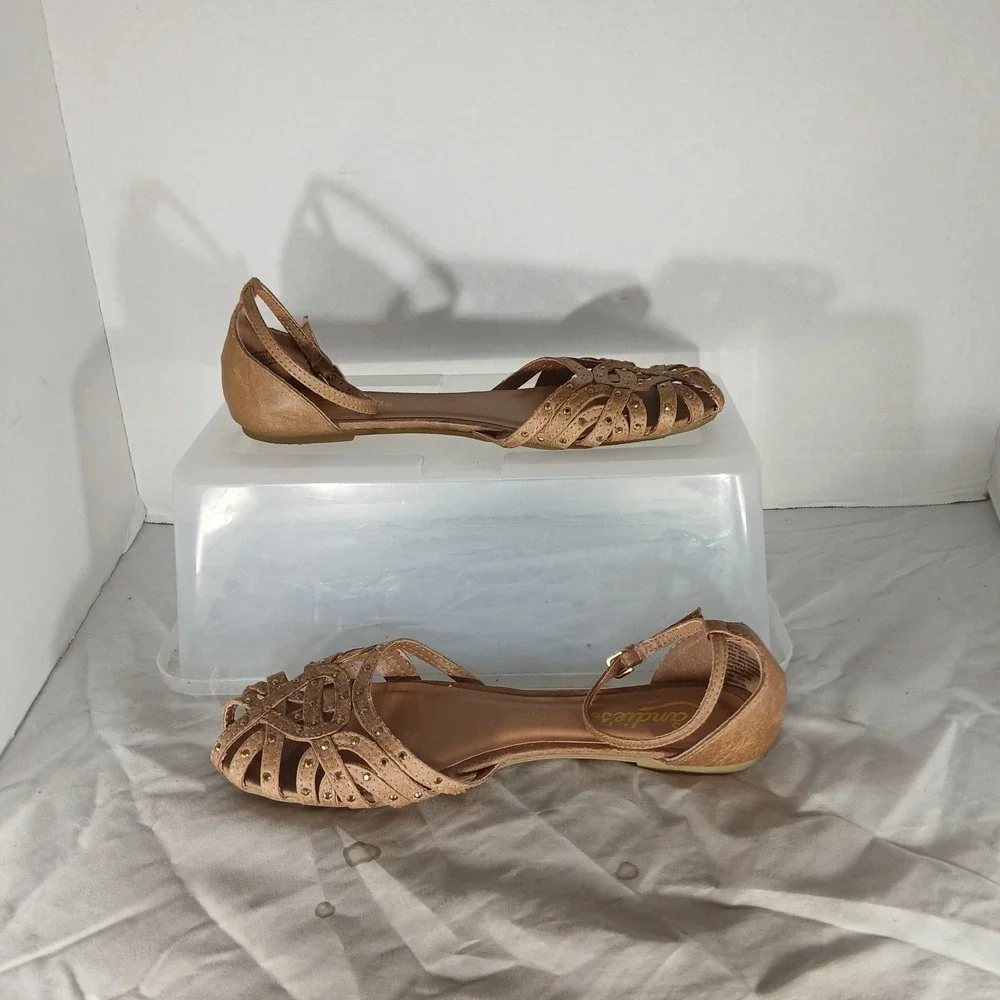 Candies‎ Huarache Flat Sandals 8 Tan Studded Caged Ankle Strap Boho Casual